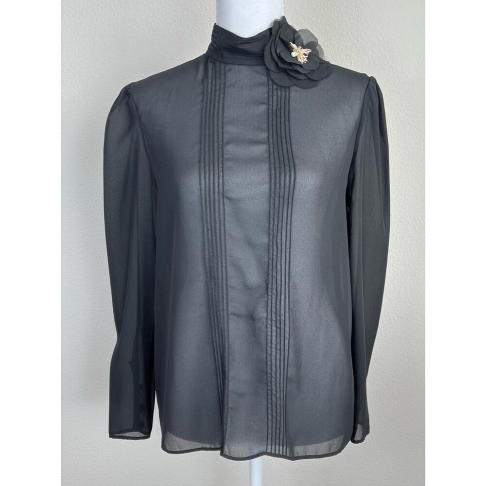 Vintage Black Sheer Blouse High Neck Floral Art Capsule Romantic Goth Size 8 S/M